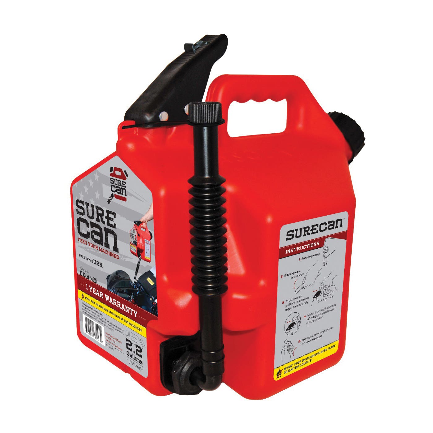 SUREcan Gas Can, 2.2 gal Capacity, High-Density Polyethylene, Red