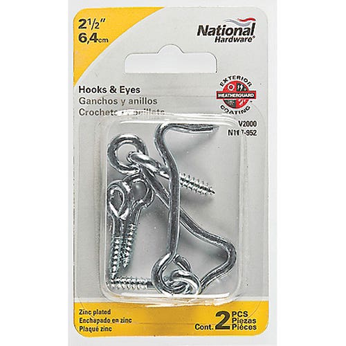 National Hardware V2000 Series N117-952 Hook and Eye, 2-1/2 in Dimensions, Steel, Zinc, 2/PK