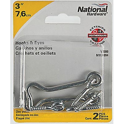 National Hardware V2000 Series N117-994 Hook and Eye, 3 in L Dimensions, Steel, Zinc, 2/PK