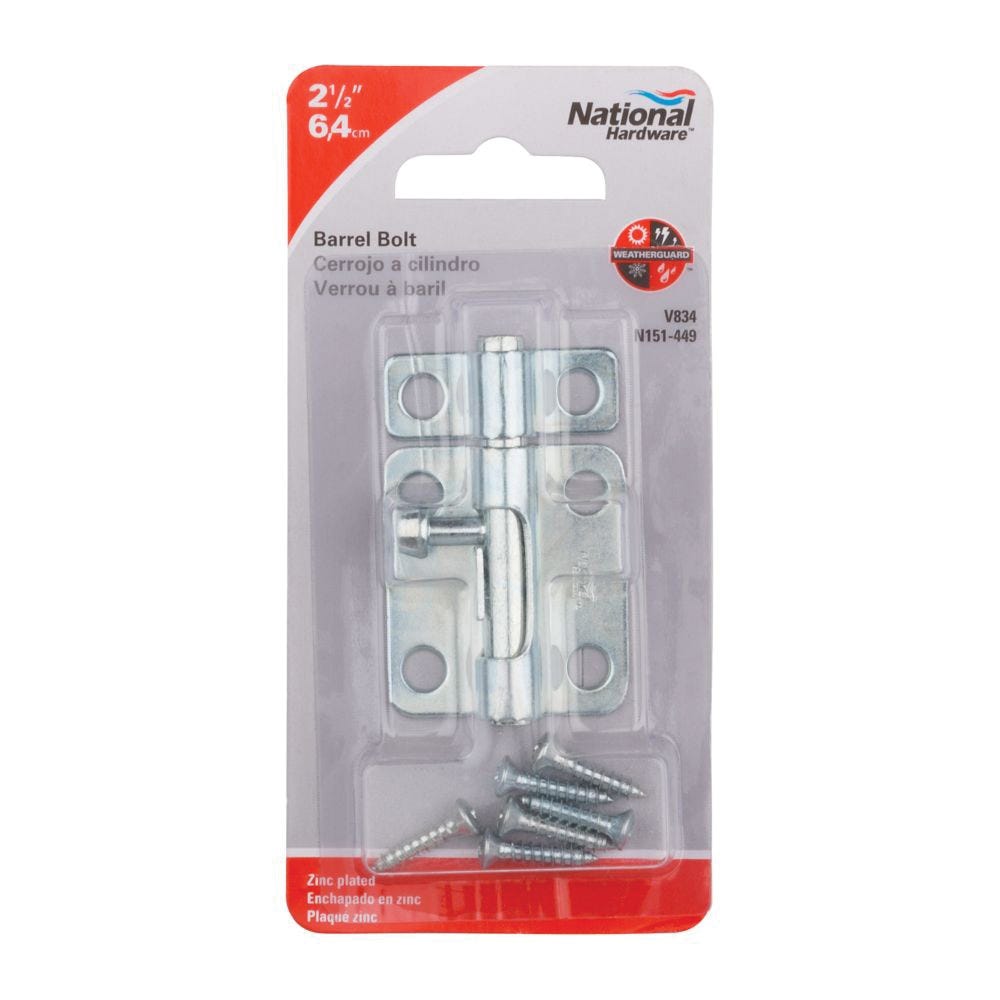 National Hardware N151-449 Barrel Bolt, 0.32 in Dia Bolt Head, 2-1/2 in L Bolt, Steel, Zinc
