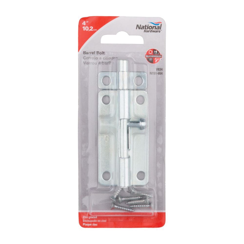 National Hardware N151-654 Barrel Bolt, 0.32 in Dia Bolt Head, 4 in L Bolt, Steel, Zinc