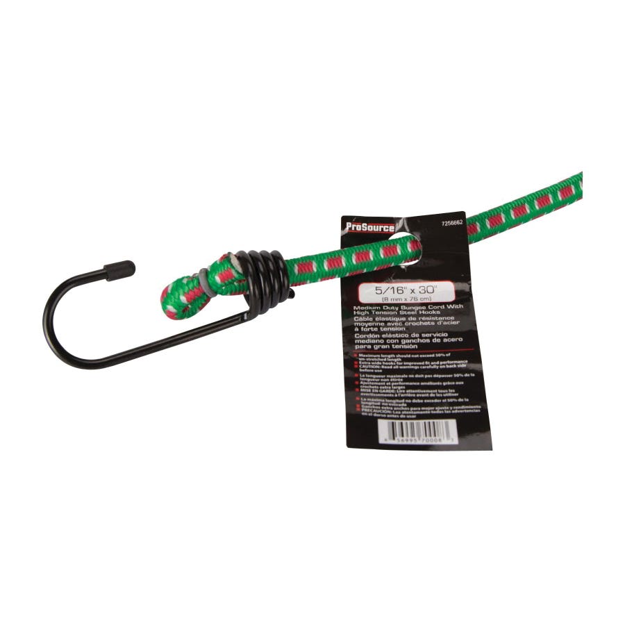 ProSource FH64018 Stretch Cord, 8 mm Dia, 30 in L, Polypropylene, Green, Hook End