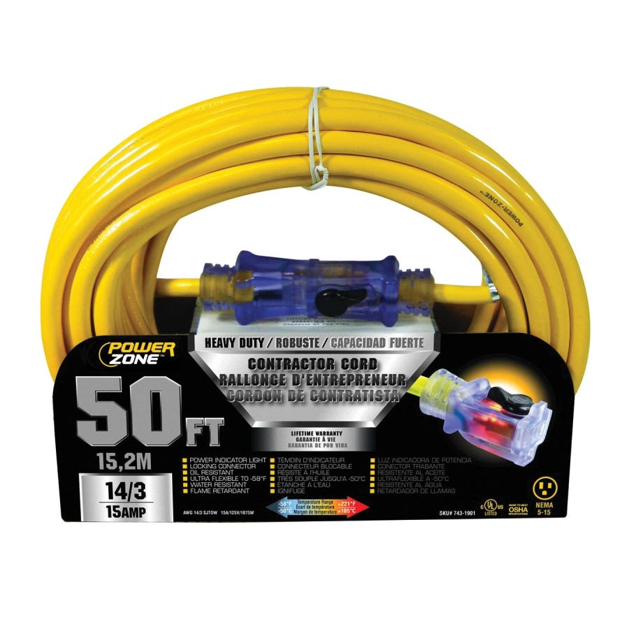 PowerZone ORP511730 Contractor Cord, 14 AWG Cable, 50 ft L, 15 A, 125 V, Yellow