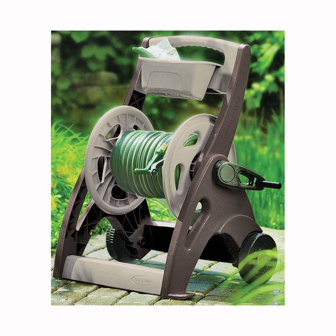 Suncast Hose Reel Cart, 5/8 in Hose, 225 ft of 5/8 in Hose, Crank Handle, Resin