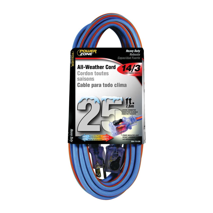PowerZone ORC530725 Extension Cord, 14 AWG Cable, 5-15P Grounded Plug, 5-15R Grounded Receptacle, 25 ft L, 125 V