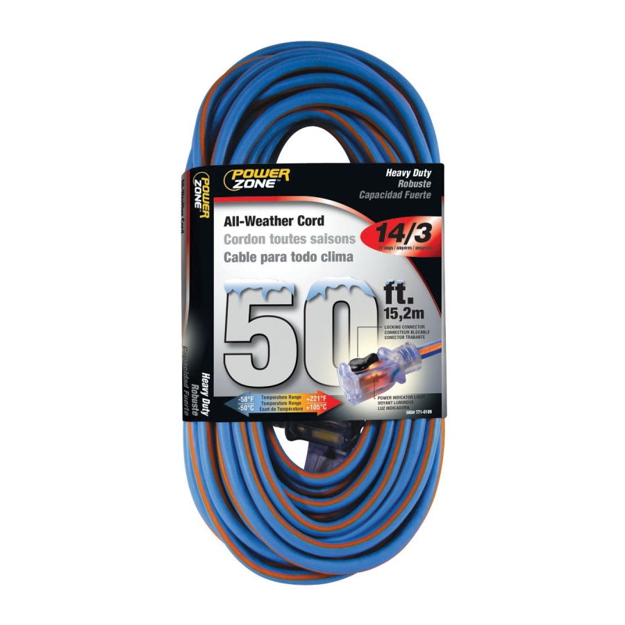 PowerZone ORC530730 Extension Cord, 14 AWG Cable, 5-15P Grounded Plug, 5-15R Grounded Receptacle, 25 ft L, 125 V