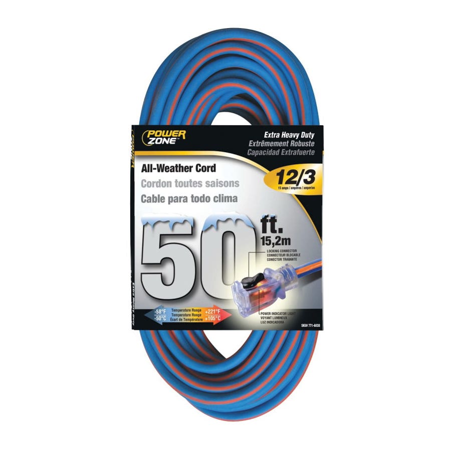 PowerZone ORC530830 Extension Cord, 12 AWG Cable, 5-15P Grounded Plug, 5-15R Grounded Receptacle, 50 ft L, 125 V