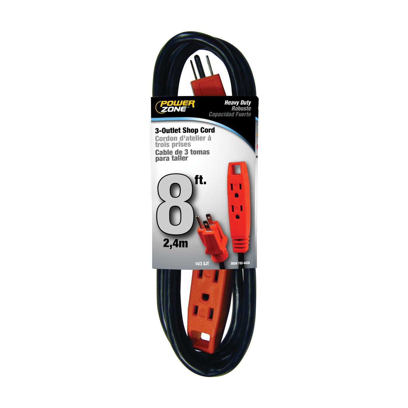 PowerZone OR890708 Extension Cord, 8 ft L, Grounded Plug, 15 A, 125 V, Black/Orange