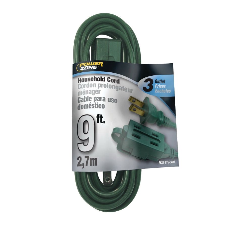 PowerZone OR780609 Extension Cord, 16 AWG Cable, 9 ft L, 125 V, Green
