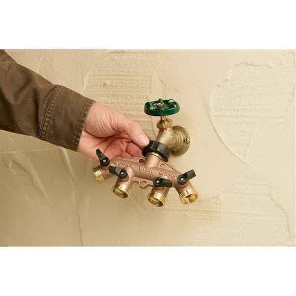 Orbit 62010N Hose Faucet Manifold, 3/4 in Swivel x MHT, 4-Port/Way, Brass