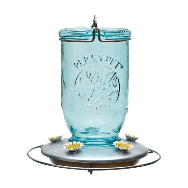 Perky-Pet Bird Feeder, 32 oz, 5-Port/Perch, Glass, Blue, 7-1/2 in H