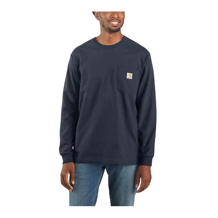 Carhartt T-Shirt, XL, Regular, Cotton, Navy, Crew Neck Collar, Long Sleeve, Original Fit