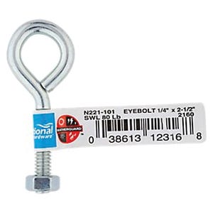 National Hardware N221-101 Eye Bolt, 1/4-20 Thread, Coarse Thread, 1-1/4 in L Thread, 0.56 in ID Dia Eye, Steel, Zinc