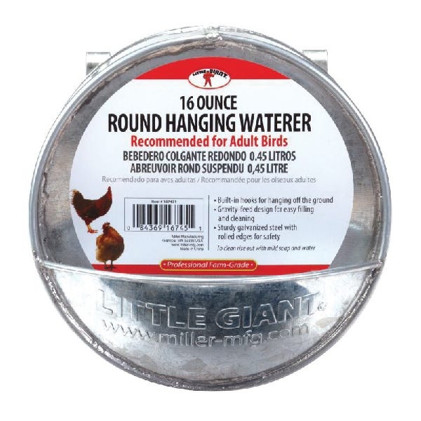 Little Giant Poultry Waterer, 1 pt Capacity, Galvanized Steel, Hanging Mounting