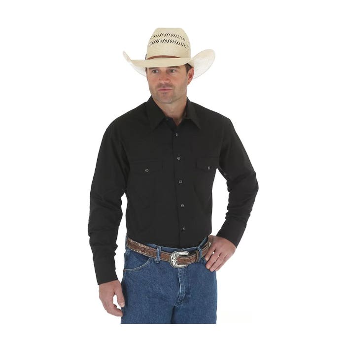 Wrangler 71105BK-2XLT Western Shirt, 2XL, Tall, Cotton/Polyester, Black, Spread Collar, Long Sleeve, Classic Fit