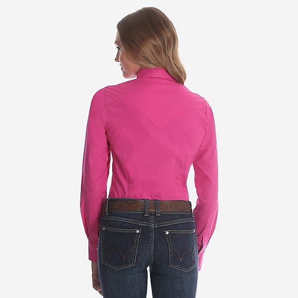 Wrangler Shirt, Western, 2XL, Cotton/Spandex, Pink, Spread Collar, Long Sleeve, Snap Closure