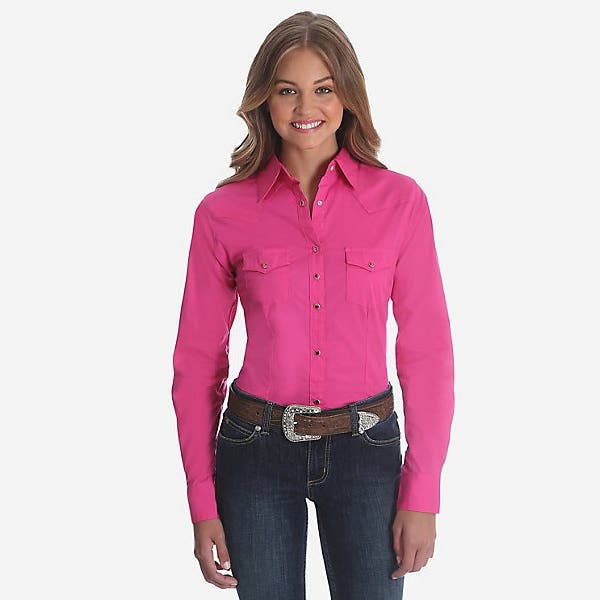 Wrangler Shirt, Western, 2XL, Cotton/Spandex, Pink, Spread Collar, Long Sleeve, Snap Closure