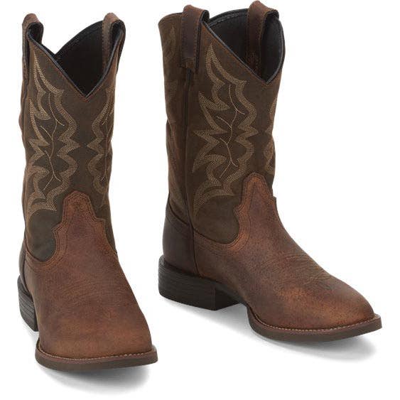 Justin Buster Series Western Boots, 8.5, D W, Distressed Brown, Cowhide Leather Upper