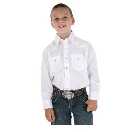 Wrangler 204WHSL-S Kid's Western Shirt, Boy's, S, Cotton/Polyester, White, Spread Collar, Long Sleeve, Snap Closure
