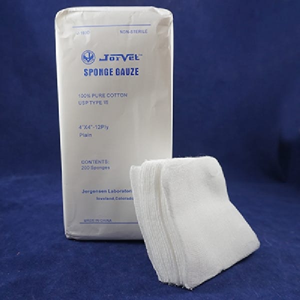 Jorvet J0193D Sponge Gauze, 4 in L, 4 in W, Cotton Bandage, White