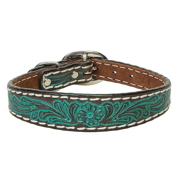 Weaver Leather Dog Collar, 25 in L, 1 in W, Leather, Brown/Turquoise