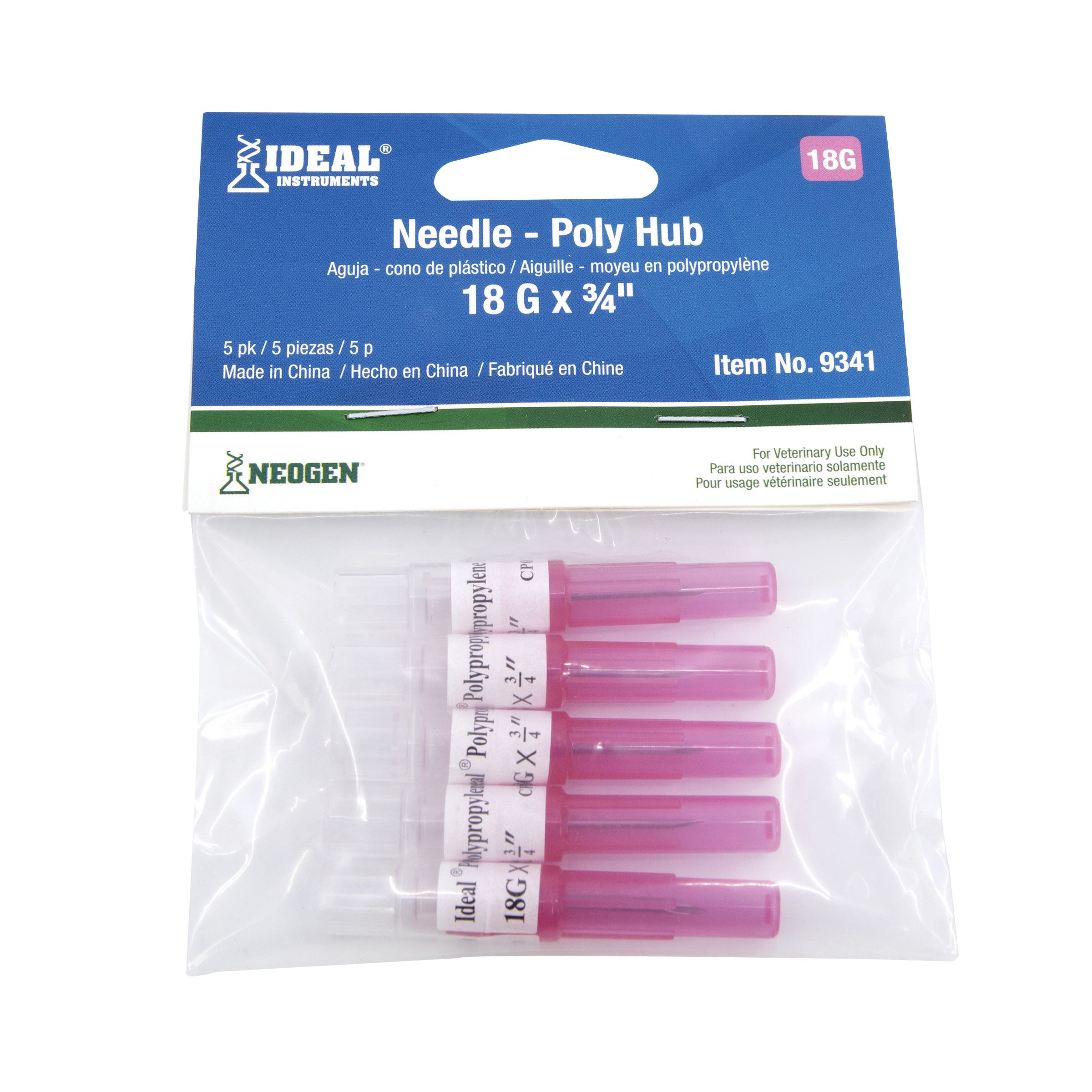 Neogen 9341 Hub Needle, Disposable, Polypropylene, 18 ga, 3/4 in L, 5/PK