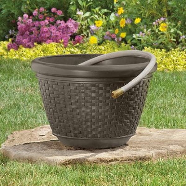 Suncast Hose Pot, 5/8 in Hose, 100 ft Capacity, Resin, Brown, Java