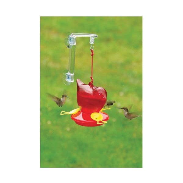 Songbird ESSENTIALS Window Bird Feeder, Bird, 12 oz, Nectar, 3 -Port/Perch, Red, 5 in H