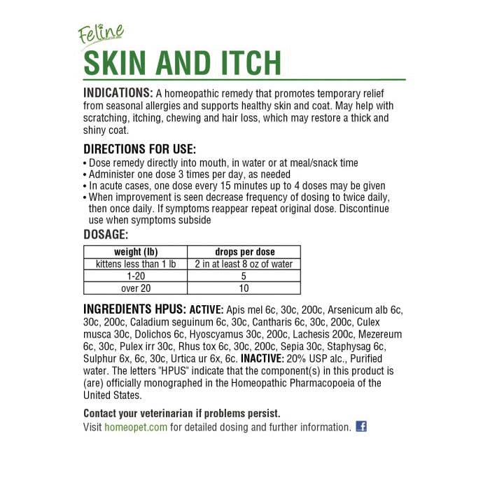 HomeoPet Feline 04722 Skin and Itch Relief, Liquid, 15 mL Bottle