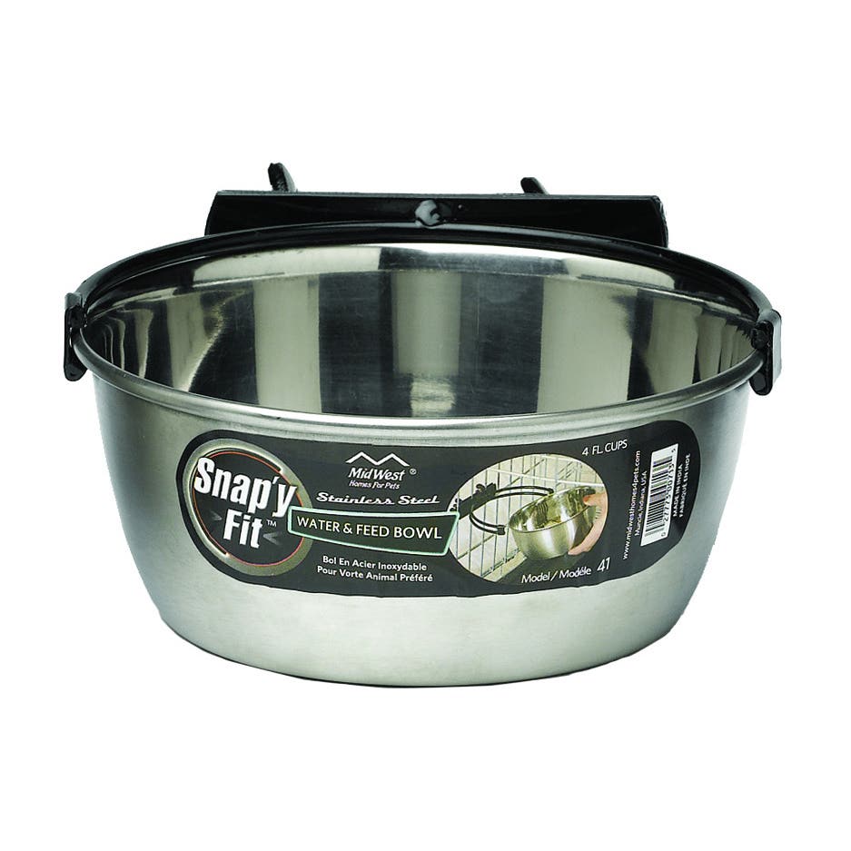 MidWest Snap'y Fit 41 Water and Food Bowl, 1 qt Volume, Stainless Steel, Bracket Mounting