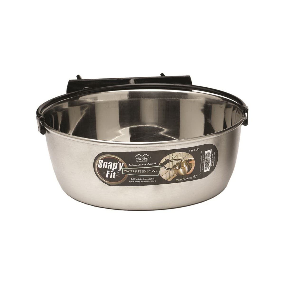 MidWest Snap'y Fit 42 Water and Food Bowl, 2 qt Volume, Stainless Steel, Bracket Mounting