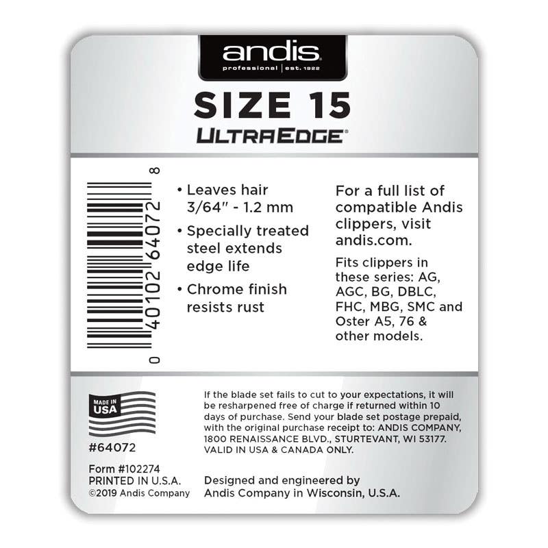 Andis UltraEdge #15 Detachable Blade, Carbon Steel, Chrome Blister