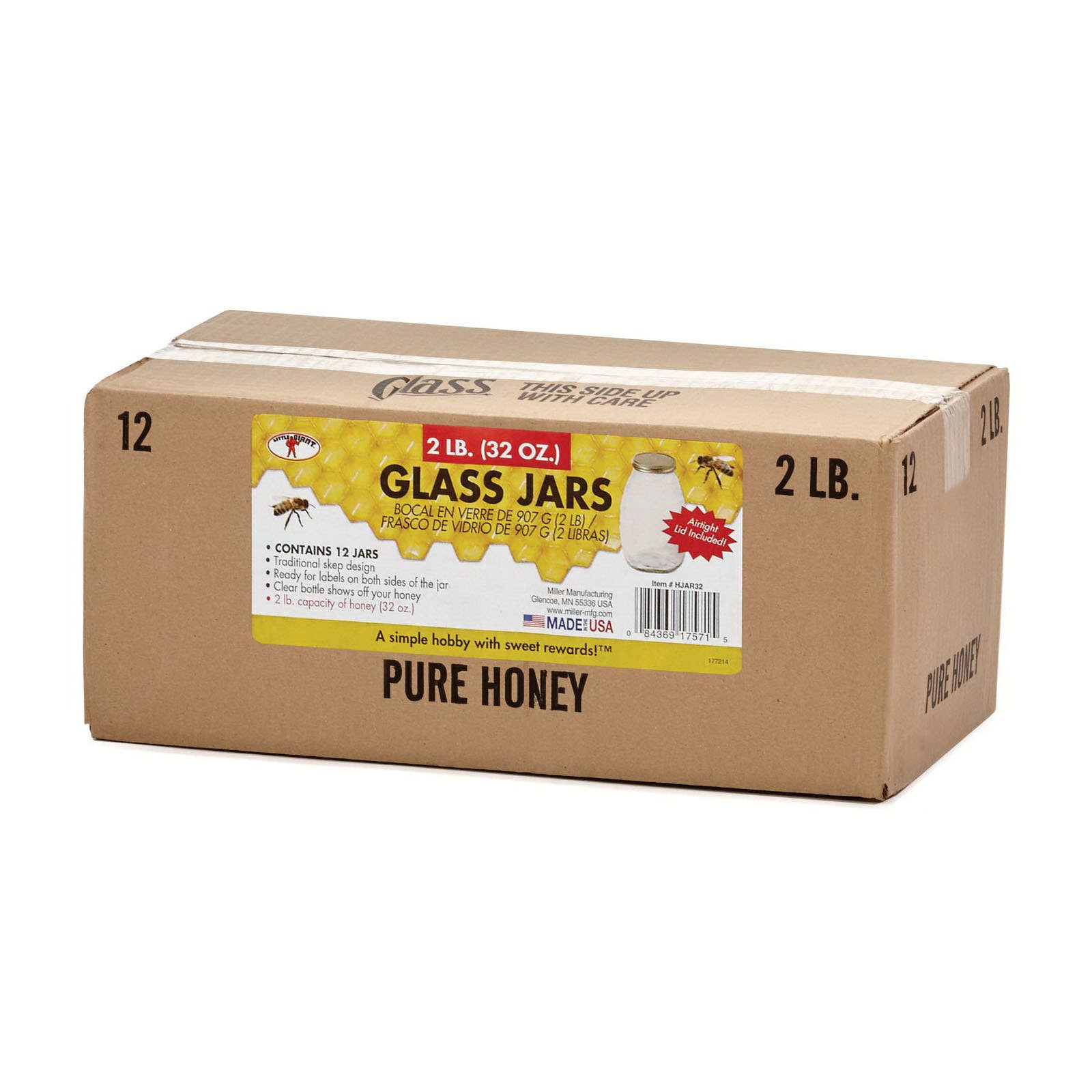 Little Giant HJAR32 Honey Jar, Specifications: Traditional Skep Design, 32 oz Capacity, Glass, Clear, 12/PK