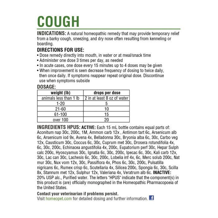 HomeoPet 14706 Cough Relief, Liquid, 15 mL Bottle