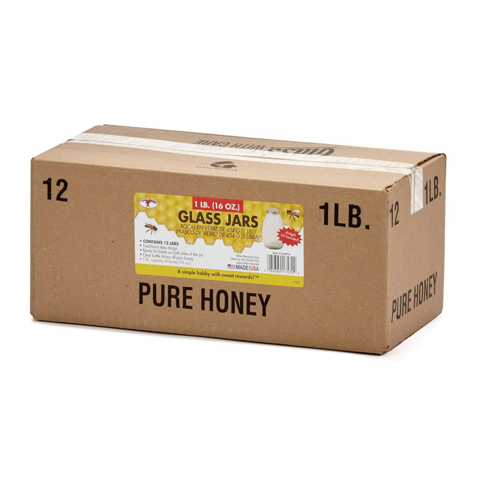 Little Giant HJAR16 Honey Jar, Specifications: Traditional Skep Design, 16 oz Capacity, Glass, Clear, 12/PK