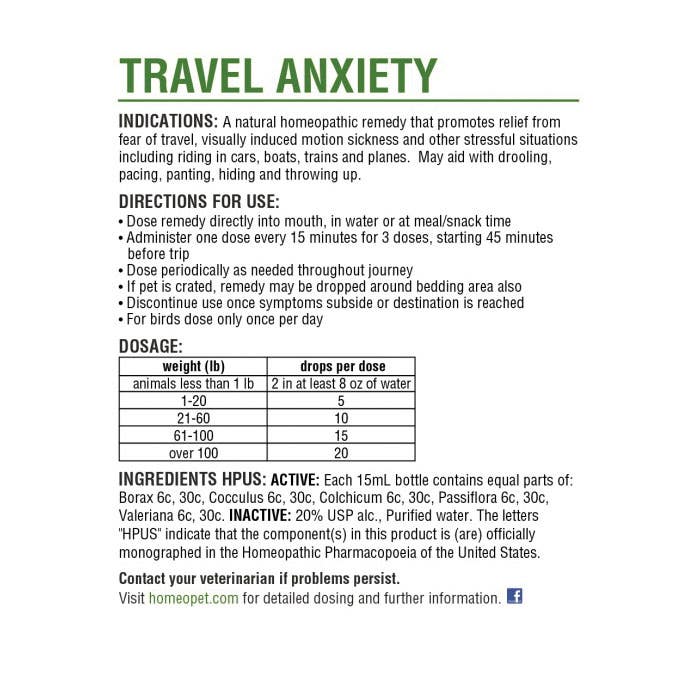HomeoPet 14721 Travel Anxiety Relief, Liquid, 15 mL Bottle
