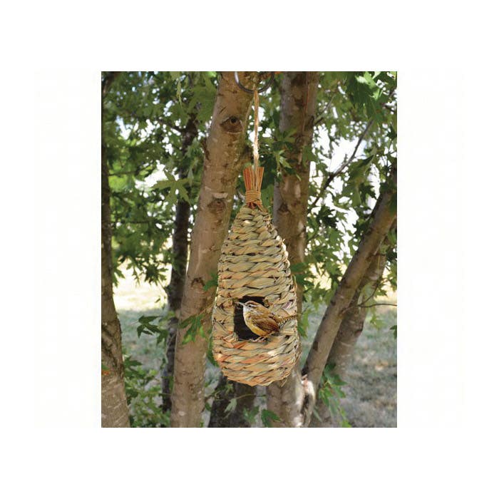 Songbird ESSENTIALS Bird House, 4-1/2 in W, 4-1/2 in D, 12 in H, Roosting Pocket Teardrop, Reed Grass, Brown