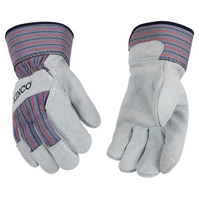 Kinco 1500-C Gloves, 5 to 6 in L, Wing Thumb, Knit Wrist, Canvas/Cotton, Cotton/Polyester Lining, Blue/Gray/Red