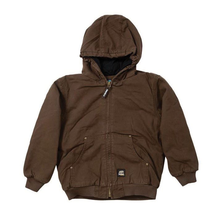 Berne Jacket, Girl's, L, Cotton Duck, Bark, Hooded Collar, Zipper Closure, Regular