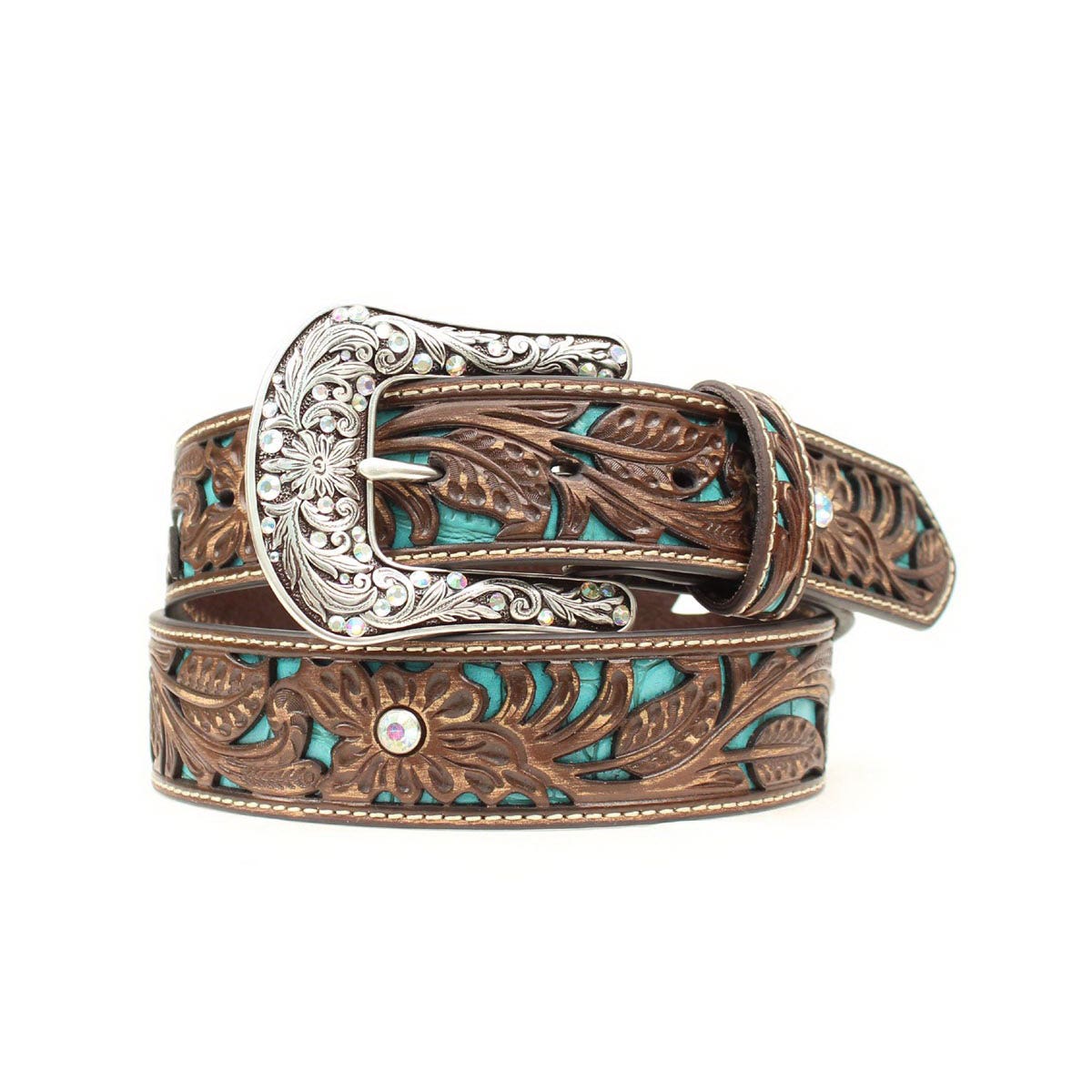 Ariat Western Belt, Women's, L, Rhinestone Buckle, Silver Buckle, Leather, Brown/Turquoise