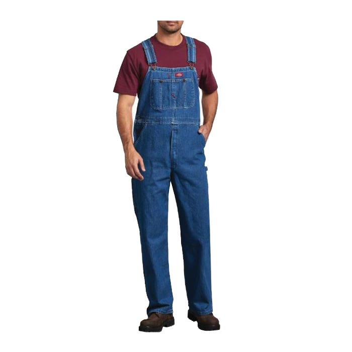 Dickies Bib Overalls, 30 in L Inseam, 44 in Waist, Cotton/Stonewashed Denim, Stonewashed Indigo Blue