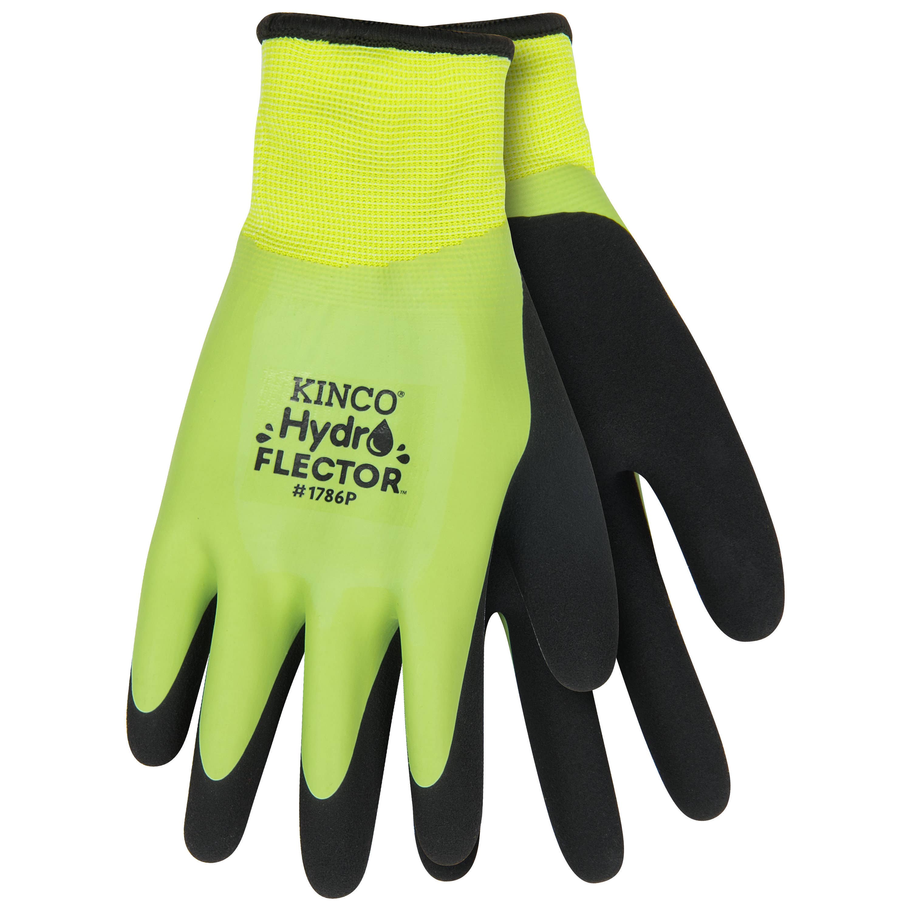 Hydroflector Protective Gloves, Men's, XL, Knit Wrist Cuff, Latex Coating, Acrylic Glove, Black/Green