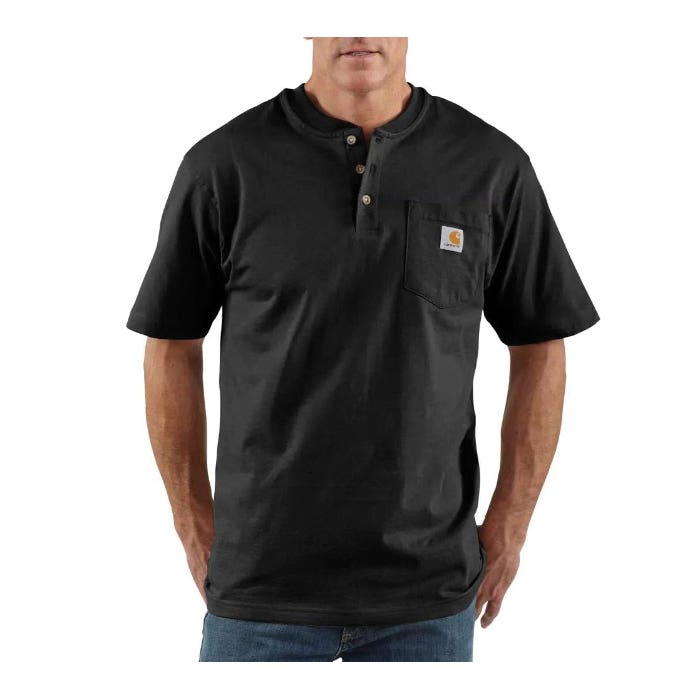 Carhartt T-Shirt, XL, Regular, Cotton, Black, Crew Neck Collar, Short Sleeve, Original Fit, Button Closure