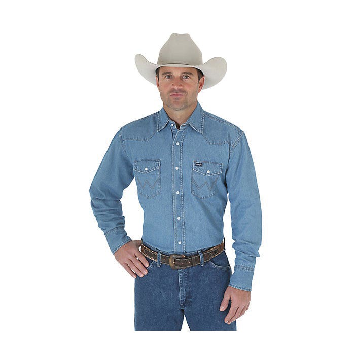 Wrangler Cowboy Cut Series 70127SW-XLR Western Shirt, XL, Regular, Cotton Denim, Stonewashed, Spread Collar, Long Sleeve
