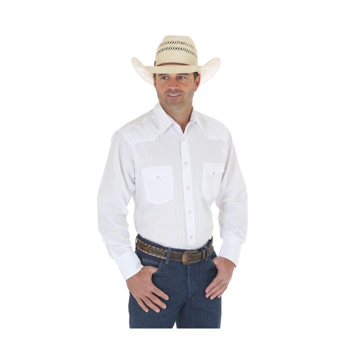 Wrangler 75221WH-XLT Western Shirt, XL, Tall, Cotton/Polyester, White, Dobby Stripe Print/Pattern, Spread Collar