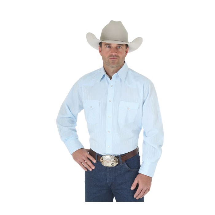 Wrangler 75222BL-XLR Western Shirt, XL, Regular, Cotton/Polyester, Blue, Dobby Stripe Print/Pattern, Spread Collar