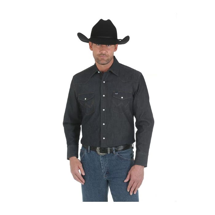 Wrangler Cowboy Cut Series MACW01D-XLR Shirt, XL, Regular, Cotton/Polyester/Spandex, Denim, Spread Collar, Long Sleeve