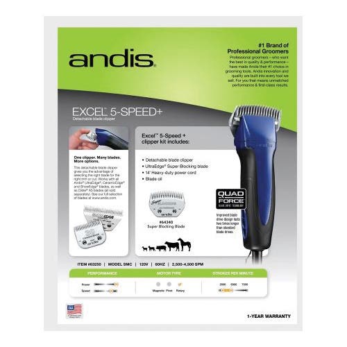 Andis Excel Detachable Blade Clipper, Carbon Steel/Polymer, Indigo Blue, Horse Pack