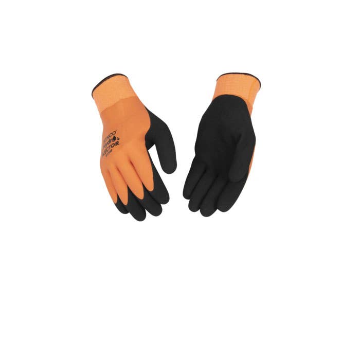 Hydroflector Coated Gloves, L, Knit Wrist Cuff, Latex Coating, Acrylic Glove, Black/Orange