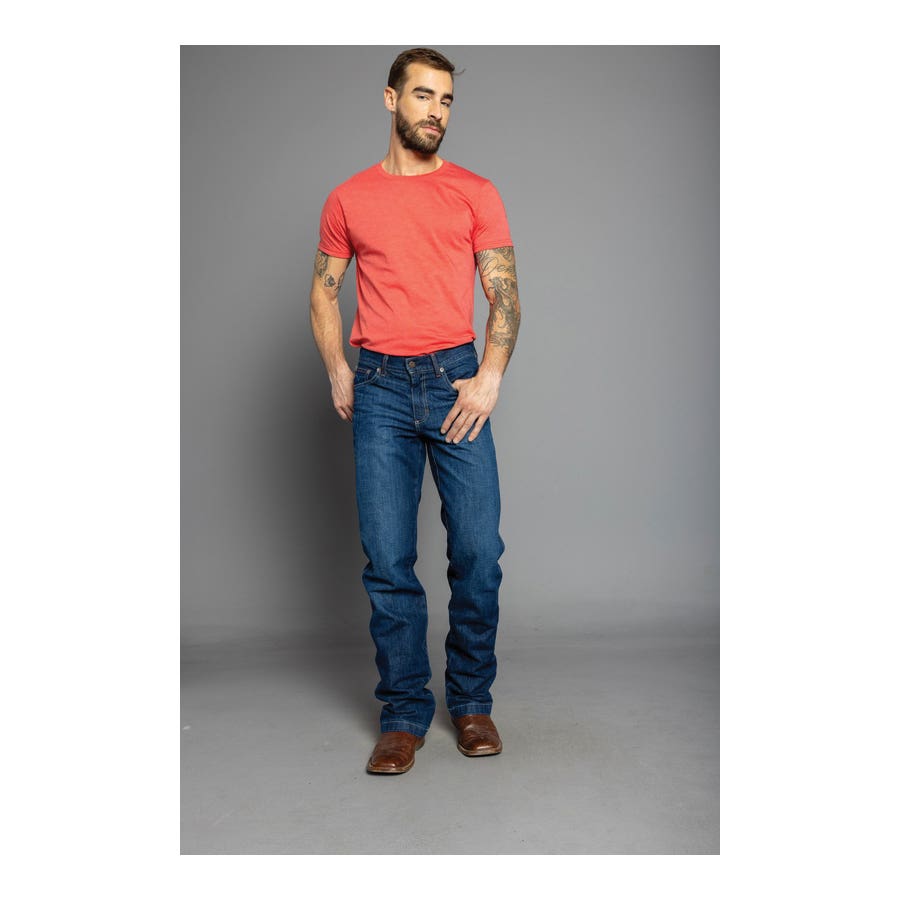Kimes Ranch Jeans, 32 in Waist, 34 in L Inseam, Dark Wash Blue, Bootcut, Relaxed Fit